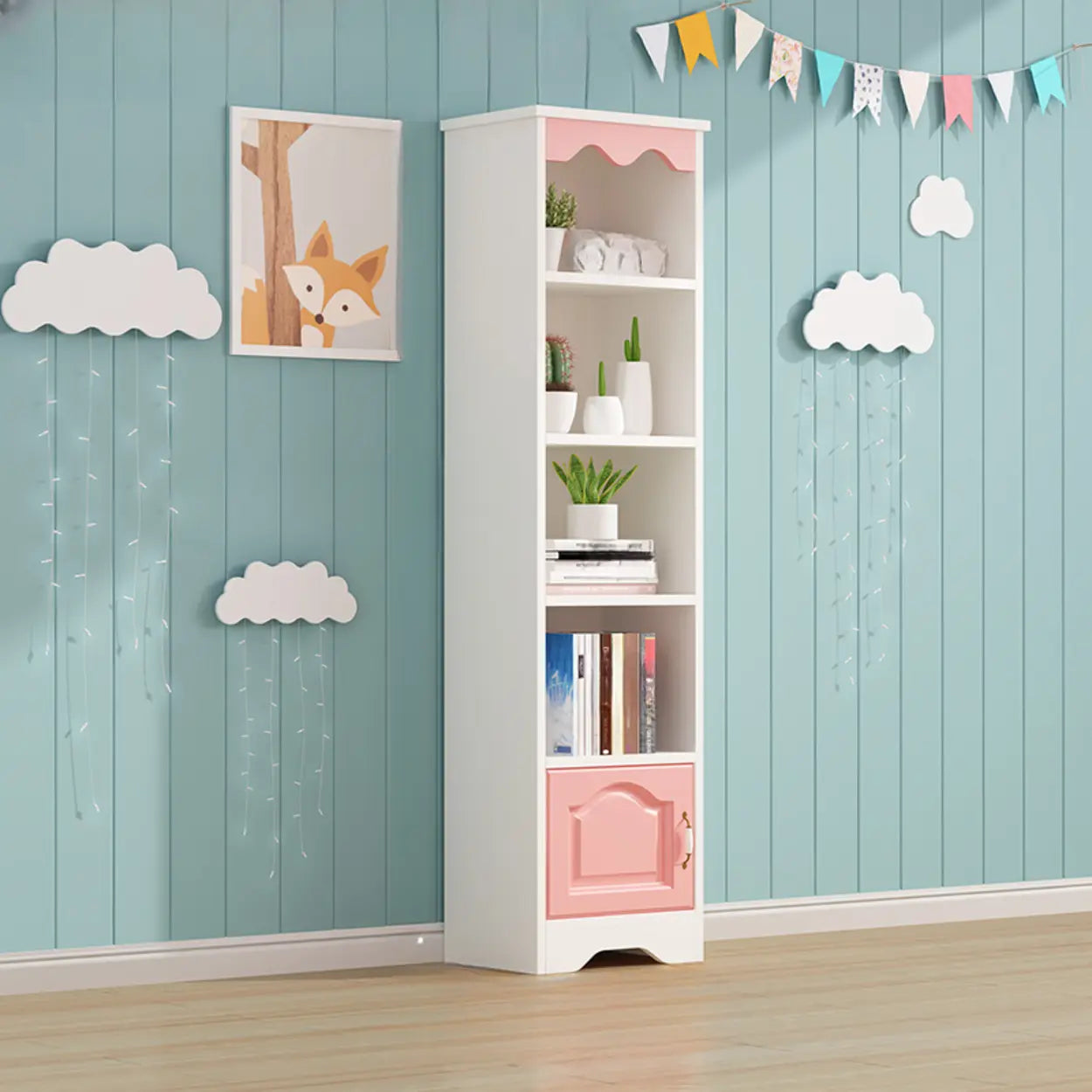 Modern Closed-Back Narrow Kids Bookcase — White/ Pink / Cabinet Not Included