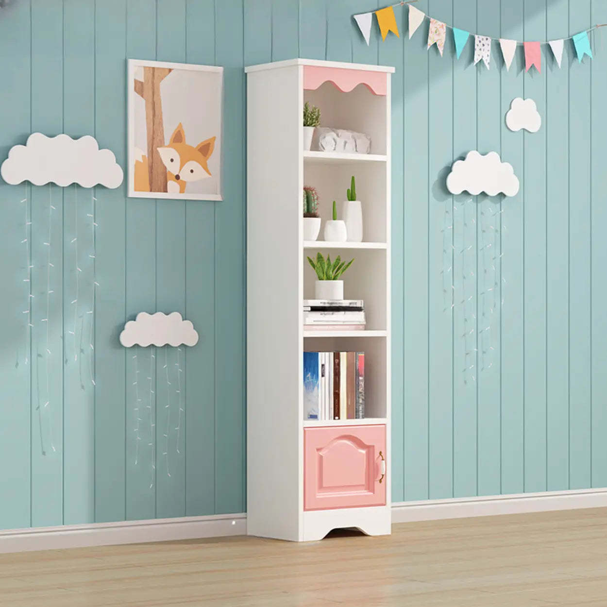 Modern Closed-Back Narrow Kids Bookcase — White/ Pink / Cabinet Not Included