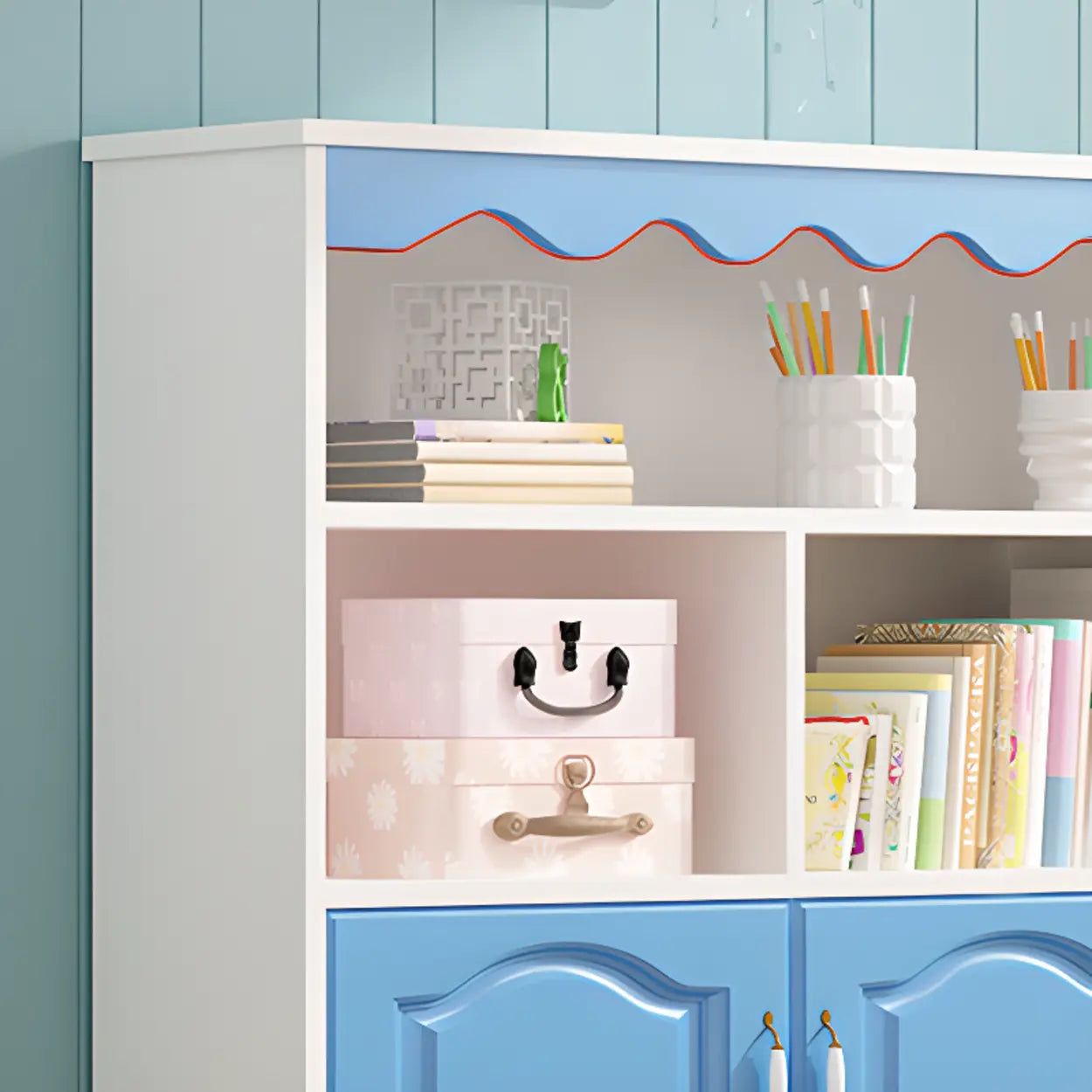Modern Closed-Back Narrow Kids Bookcase — White/ Pink / With Cabinet