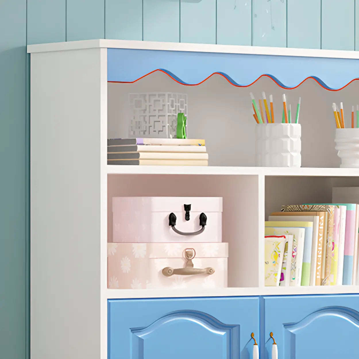 Modern Closed-Back Narrow Kids Bookcase — White/ Pink / With Cabinet