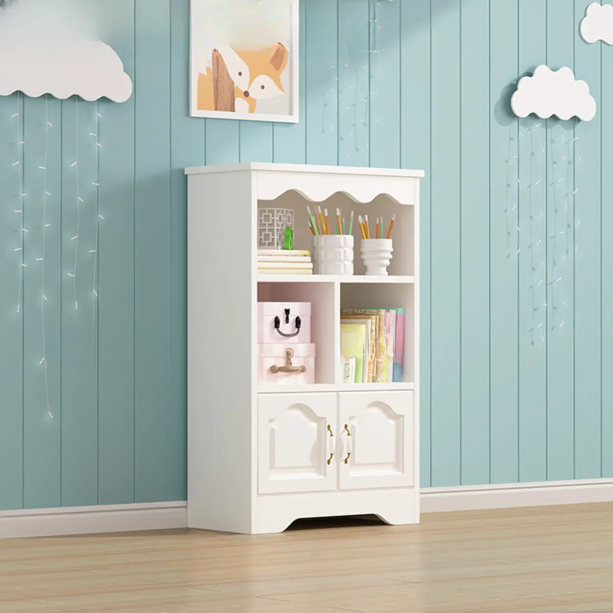 Modern Closed-Back Narrow Kids Bookcase — White/ Pink / With Cabinet