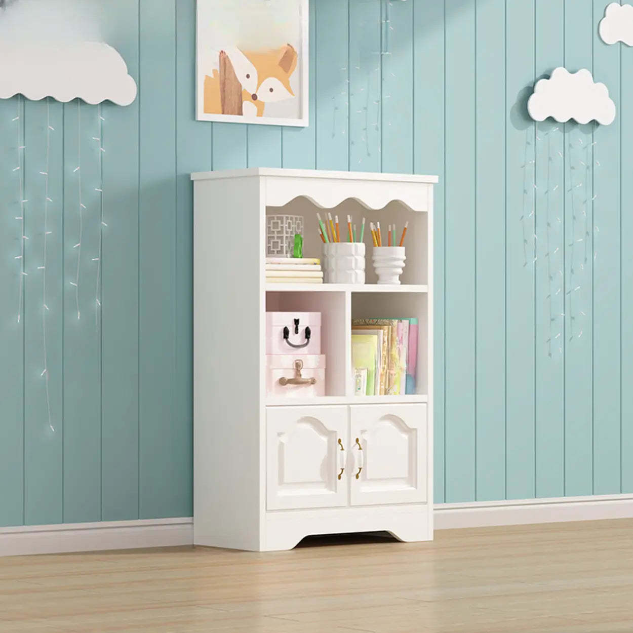 Modern Closed-Back Narrow Kids Bookcase — White/ Pink / With Cabinet