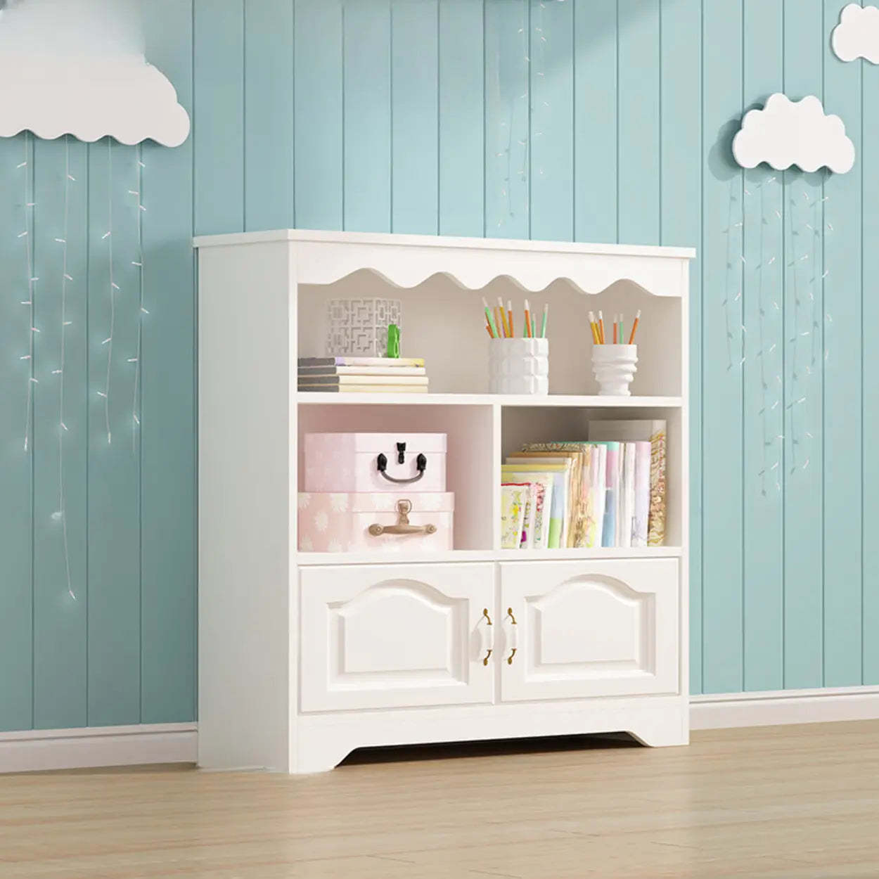 Modern Closed-Back Narrow Kids Bookcase — White/ Pink / With Cabinet