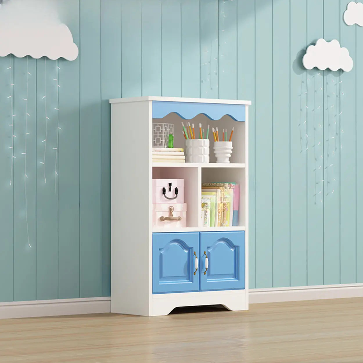 Modern Closed-Back Narrow Kids Bookcase — White-Blue / Cabinet Not Included