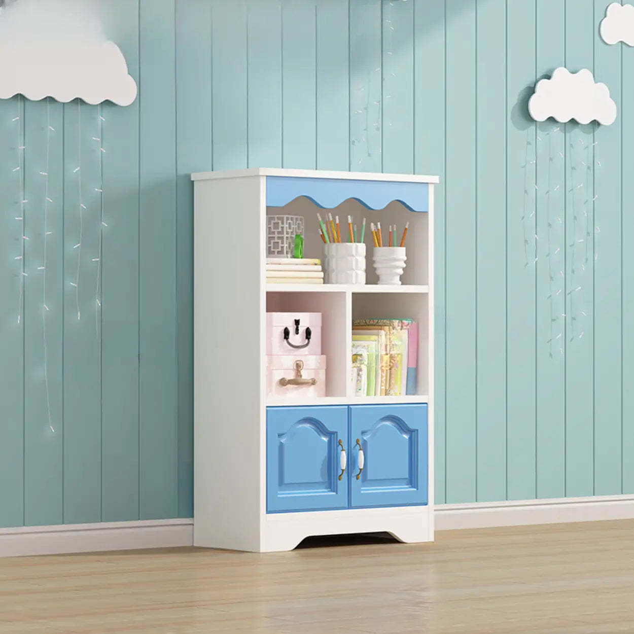 Modern Closed-Back Narrow Kids Bookcase — White-Blue / Cabinet Not Included