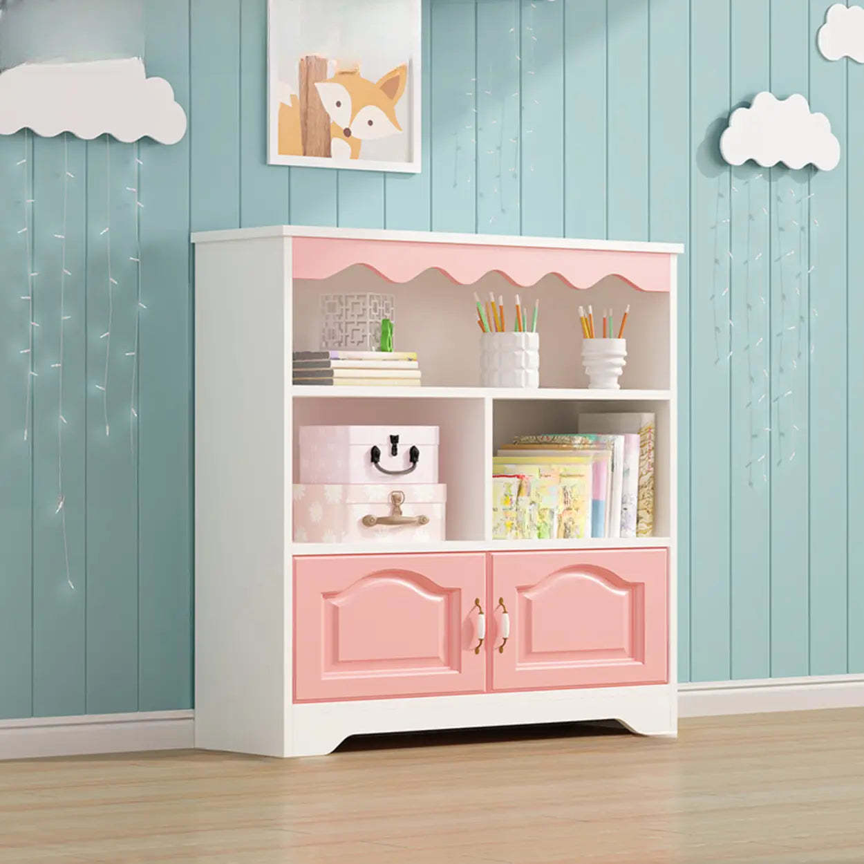 Modern Closed-Back Narrow Kids Bookcase — White-Blue / Cabinet Not Included