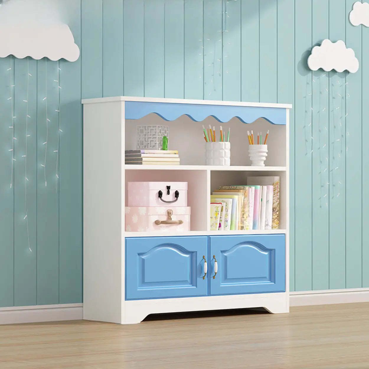 Modern Closed-Back Narrow Kids Bookcase — White-Blue / Cabinet Not Included