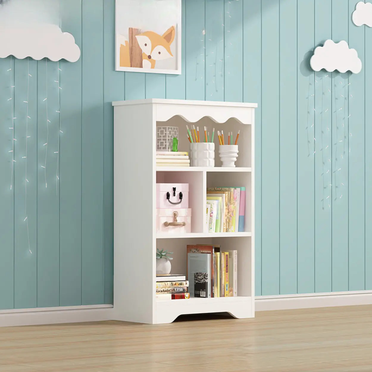 Modern Closed-Back Narrow Kids Bookcase — White-Blue / Cabinet Not Included