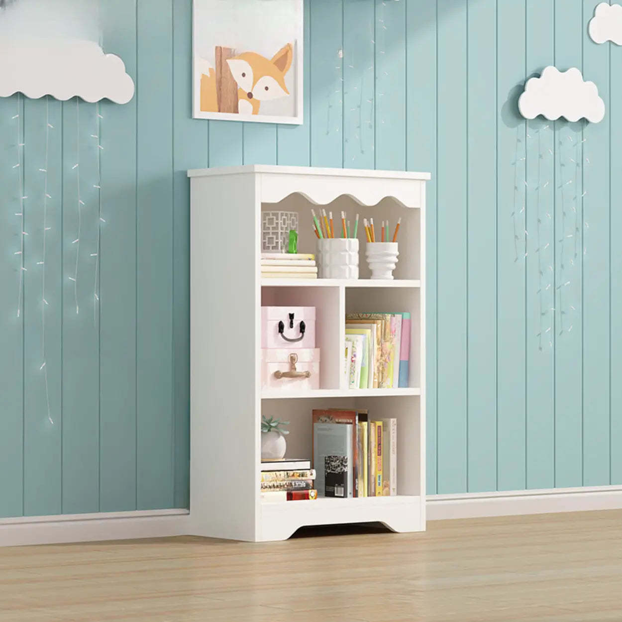 Modern Closed-Back Narrow Kids Bookcase — White-Blue / Cabinet Not Included
