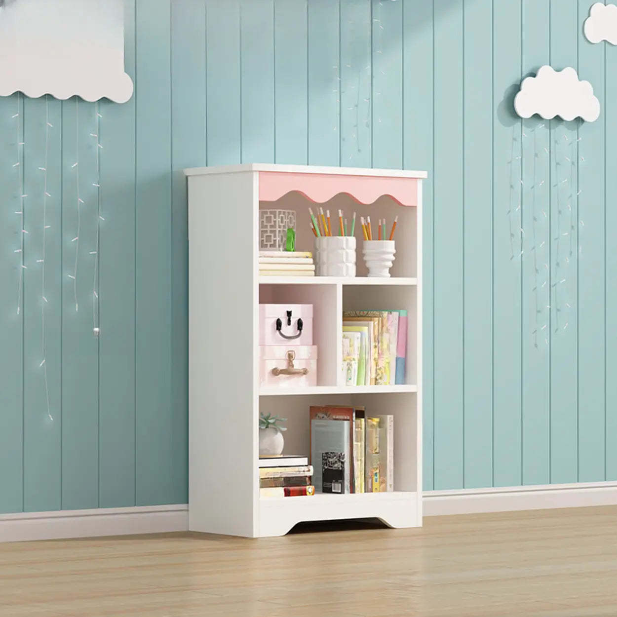 Modern Closed-Back Narrow Kids Bookcase — White-Blue / With Cabinet