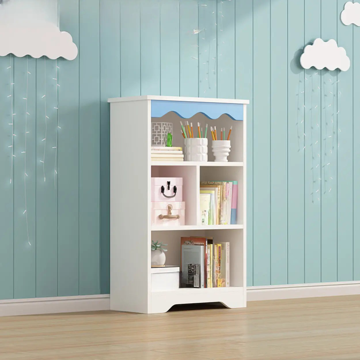 Modern Closed-Back Narrow Kids Bookcase — White-Blue / With Cabinet