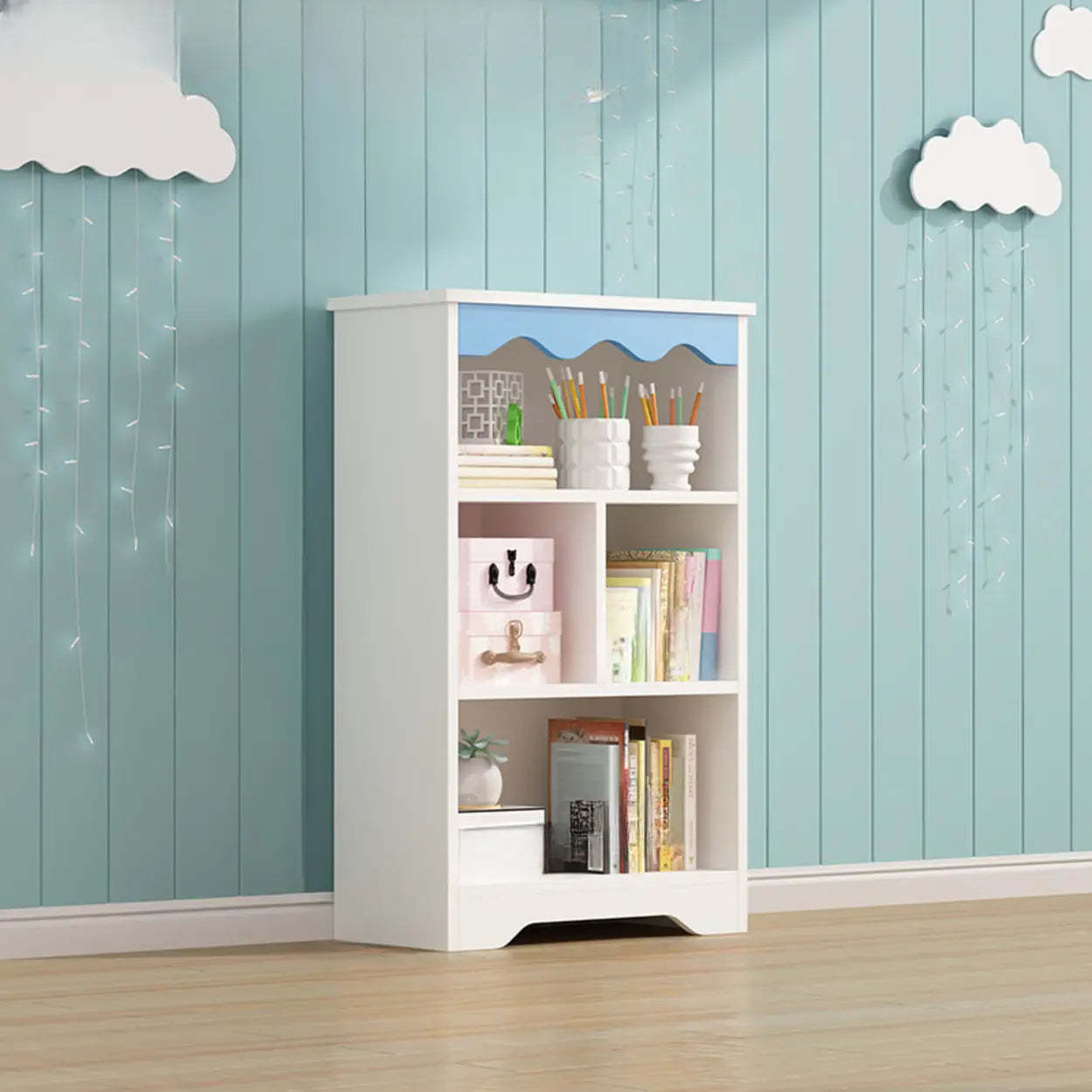 Modern Closed-Back Narrow Kids Bookcase — White-Blue / With Cabinet