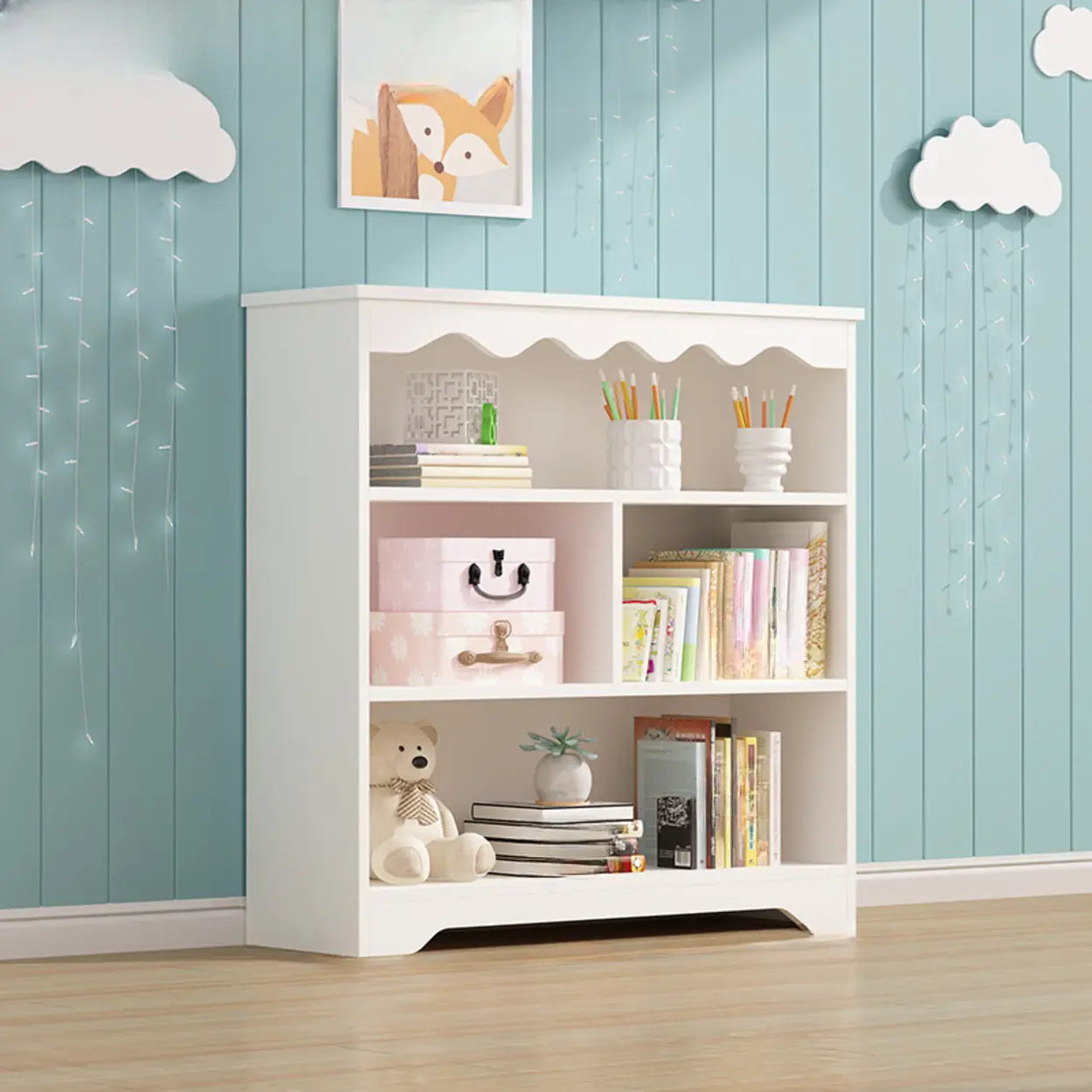 Modern Closed-Back Narrow Kids Bookcase — White-Blue / With Cabinet