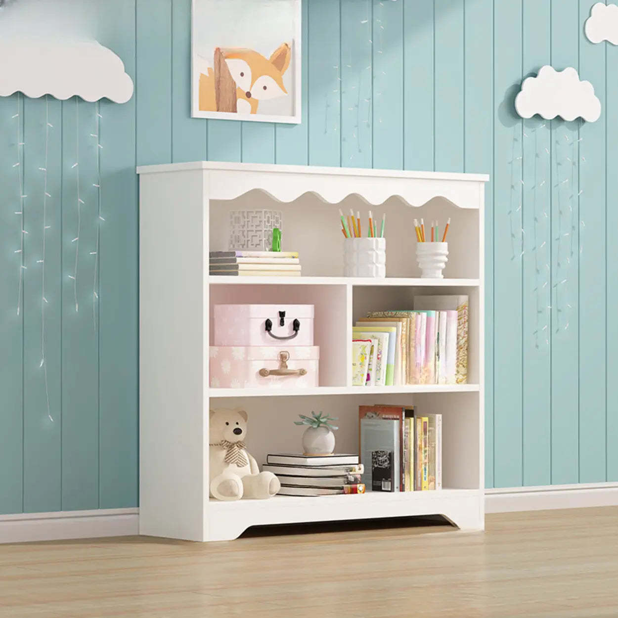 Modern Closed-Back Narrow Kids Bookcase — White-Blue / With Cabinet