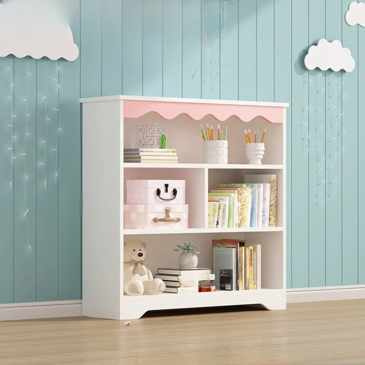 Modern Closed-Back Narrow Kids Bookcase — White-Blue / With Cabinet