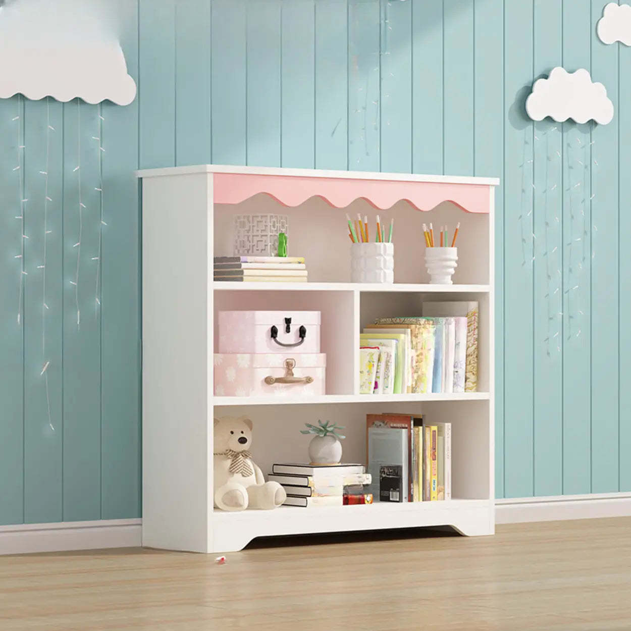 Modern Closed-Back Narrow Kids Bookcase — White-Blue / With Cabinet