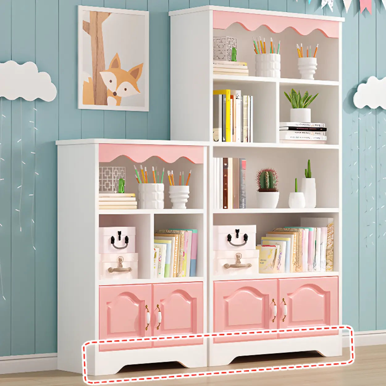 Modern Closed-Back Narrow Kids Bookcase — White / With Cabinet
