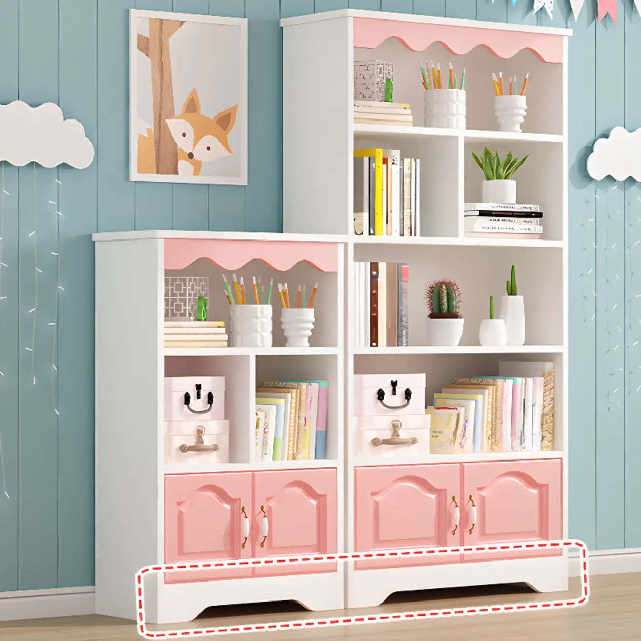 Modern Closed-Back Narrow Kids Bookcase — White / With Cabinet