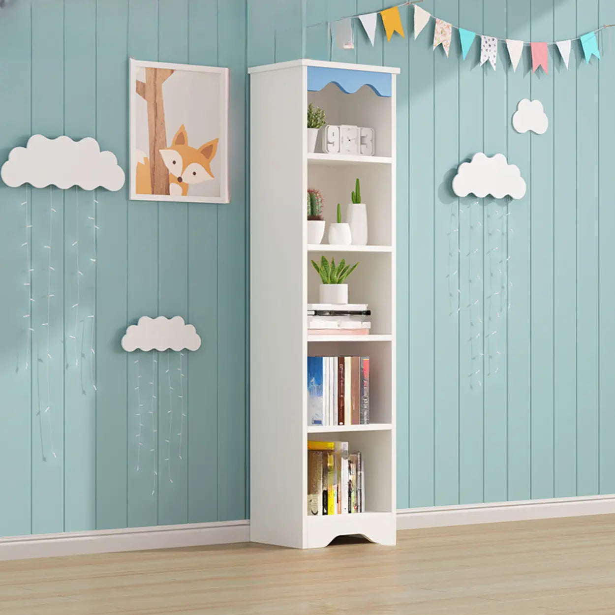 Modern Closed-Back Narrow Kids Bookcase — White / With Cabinet