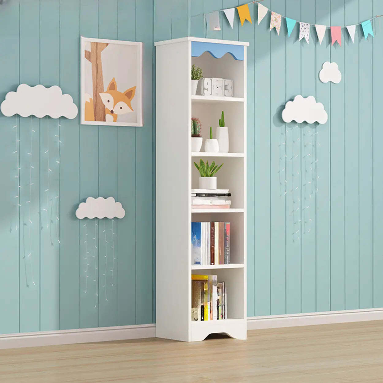 Modern Closed-Back Narrow Kids Bookcase — White / With Cabinet