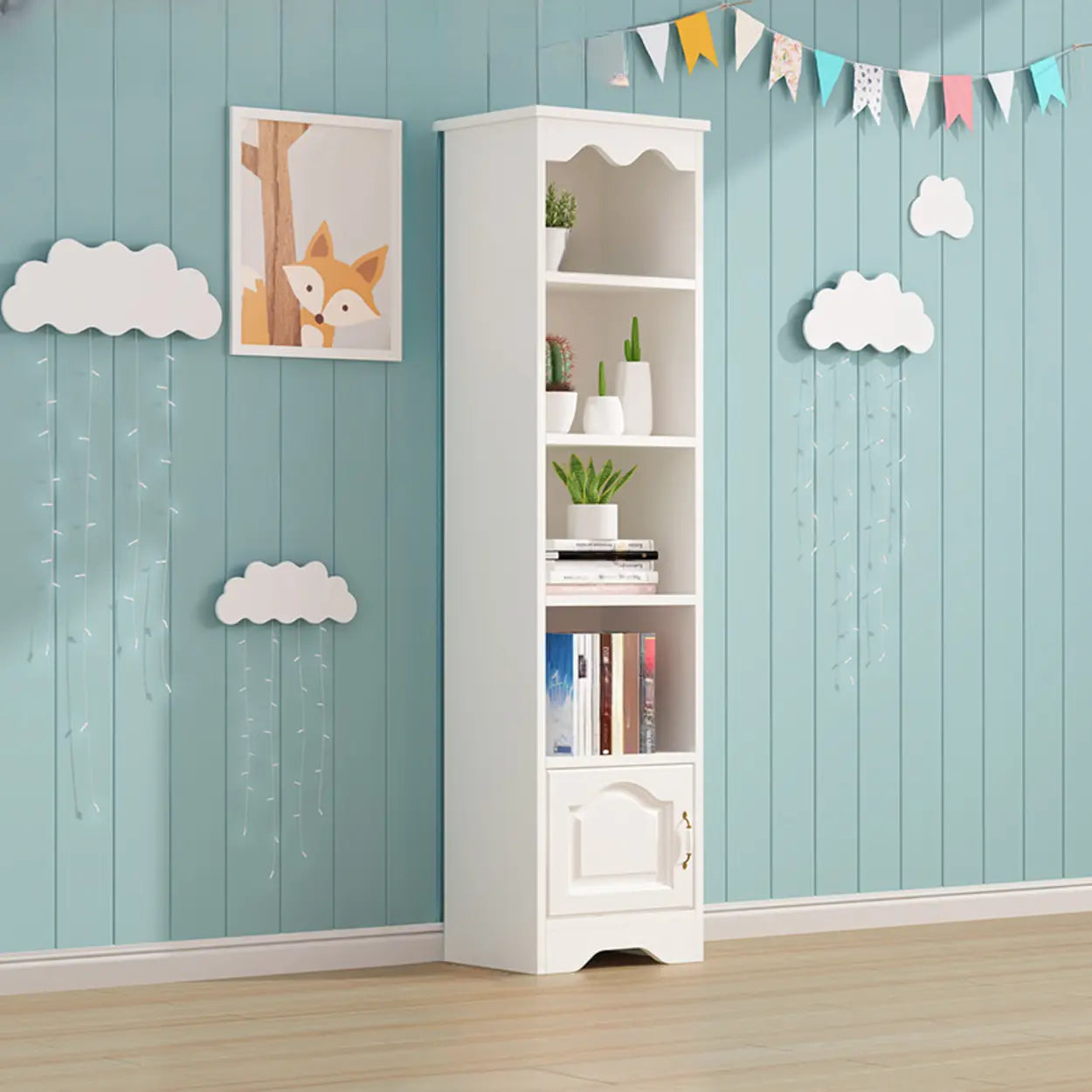 Modern Closed-Back Narrow Kids Bookcase — White / With Cabinet