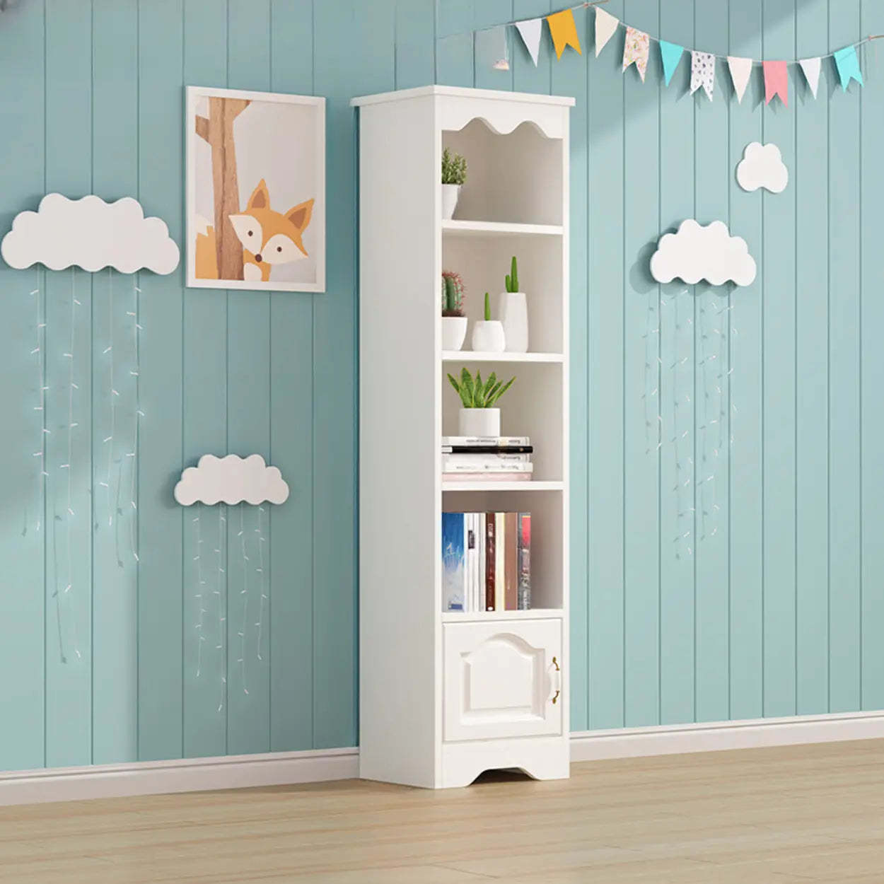 Modern Closed-Back Narrow Kids Bookcase — White / With Cabinet