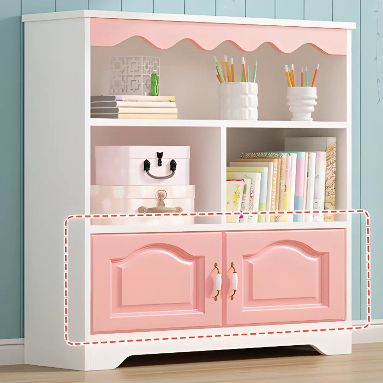 Modern Closed-Back Narrow Kids Bookcase — White / With Cabinet