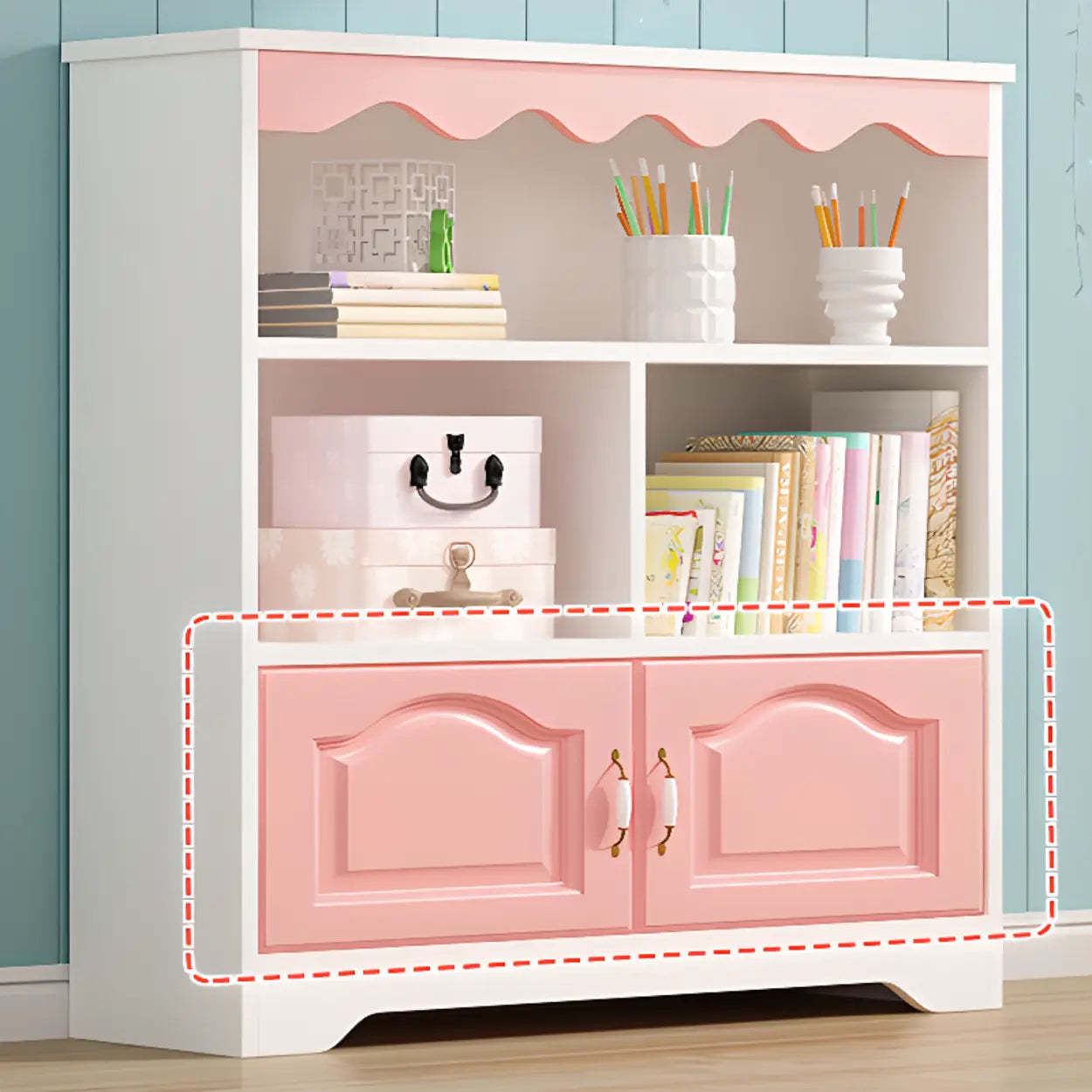 Modern Closed-Back Narrow Kids Bookcase — White / With Cabinet