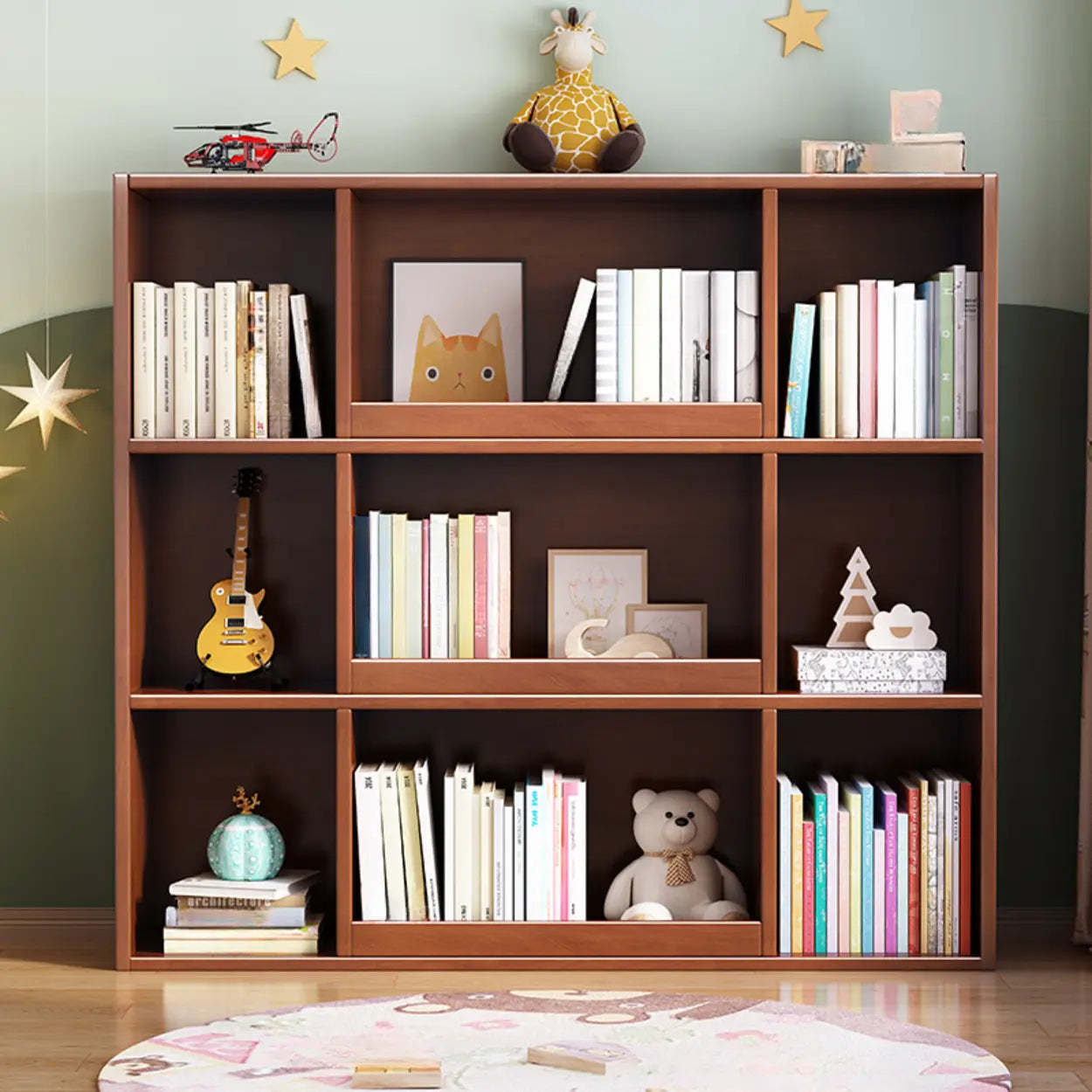 Modern Closed Square 3-Shelf Wood Bookcase — Blue-White