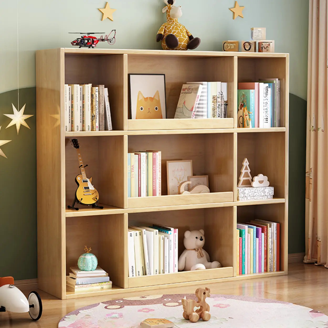 Modern Closed Square 3-Shelf Wood Bookcase — Natural Finish