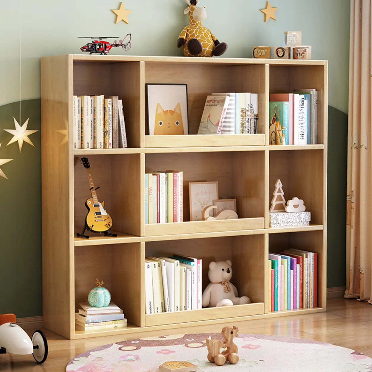 Modern Closed Square 3-Shelf Wood Bookcase — Natural Finish
