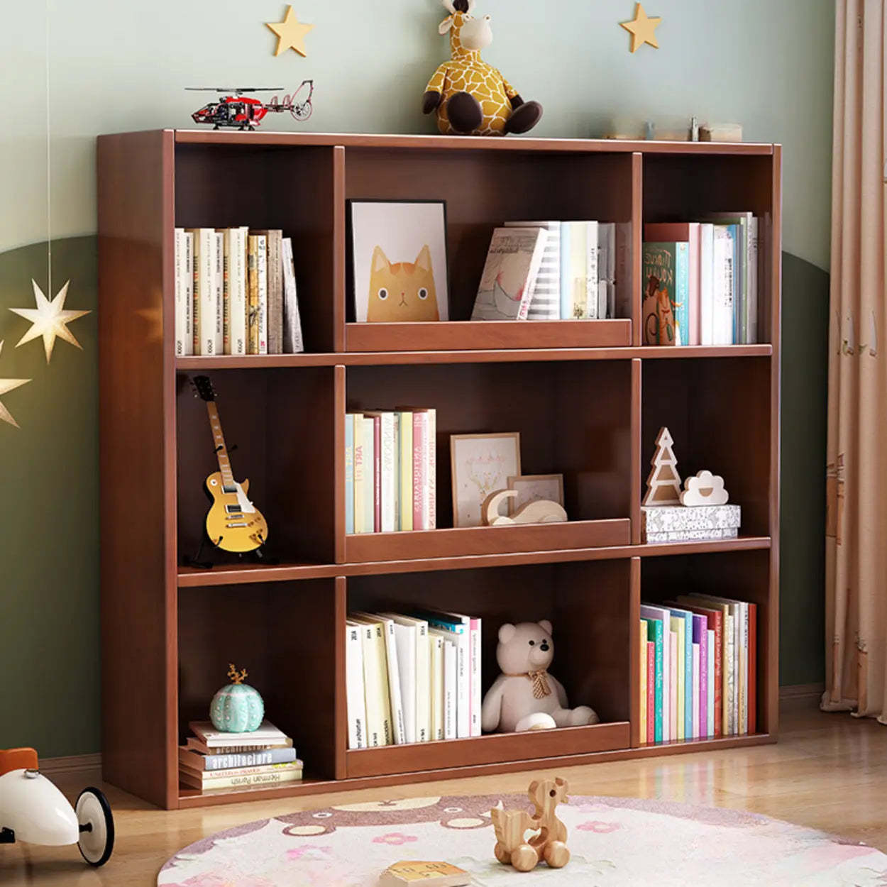 Modern closed 3-shelf display cabinets in wood — 55" L x 12" W x 47" H / Walnut