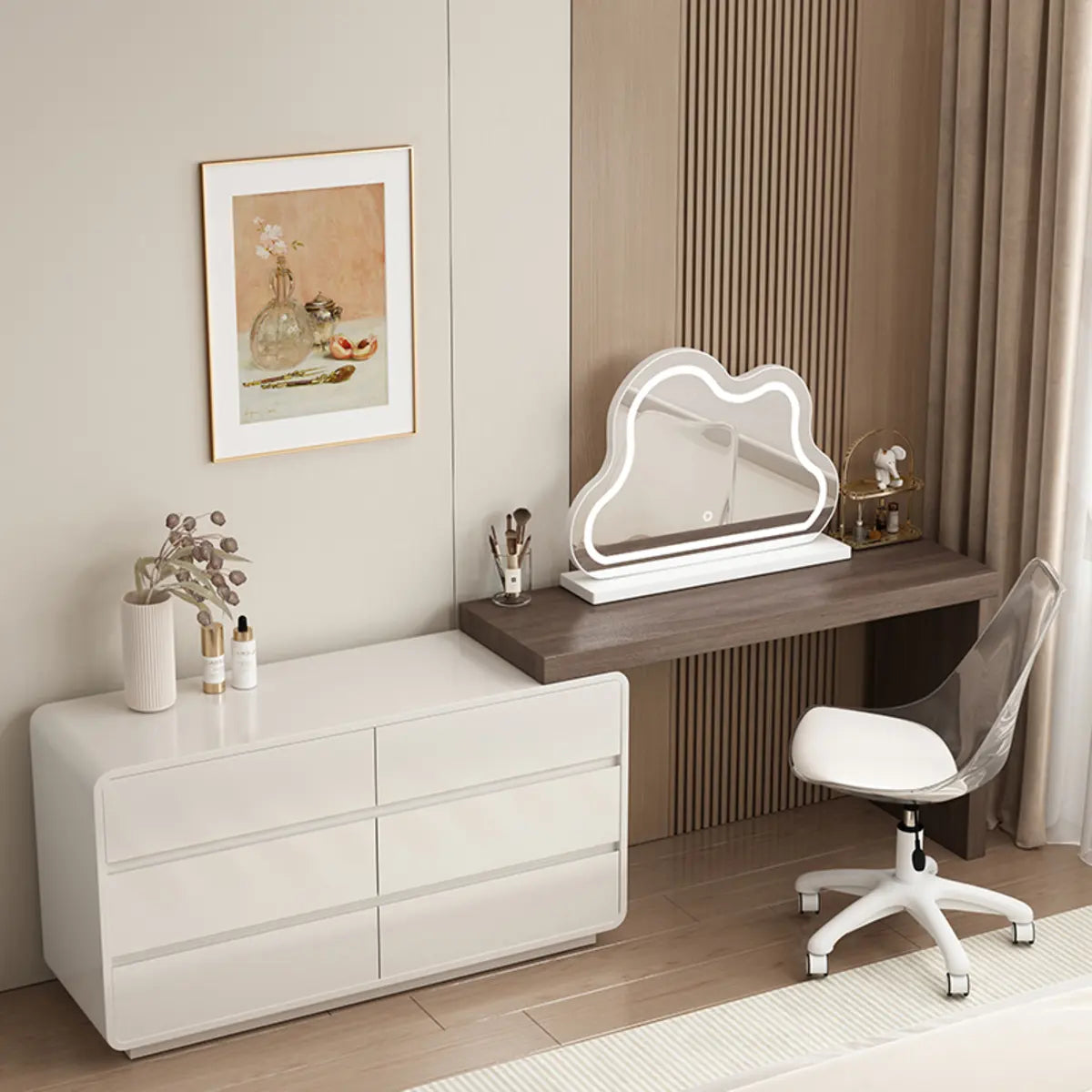 Modern Cloud-Shaped Mirror Polymer LED White Vanity — Wood/ White