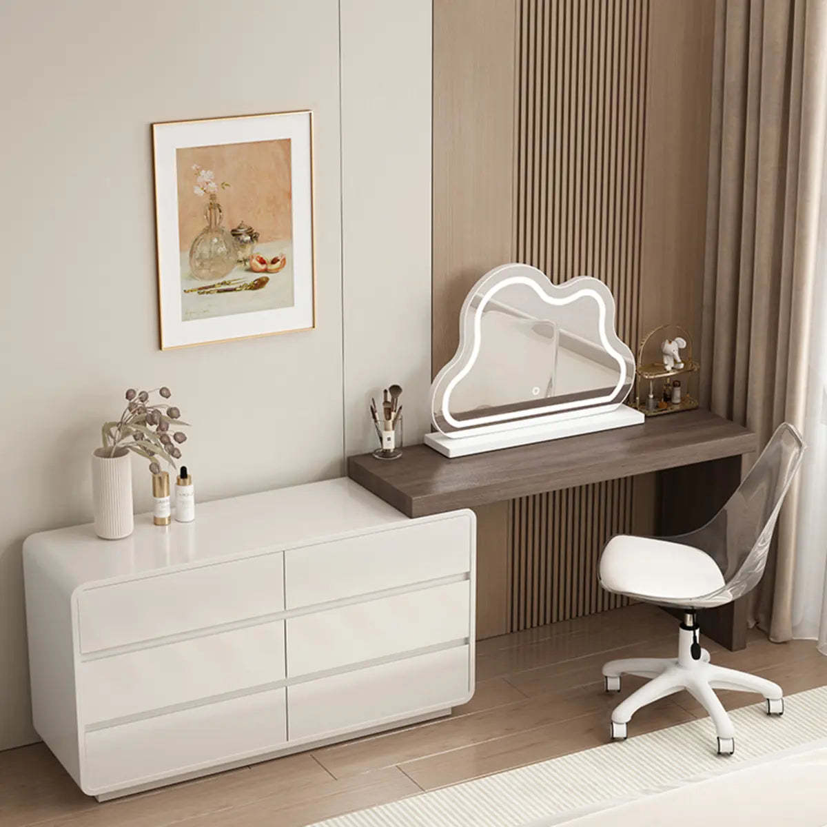 Modern Cloud-Shaped Mirror Polymer LED White Vanity — Wood/ White