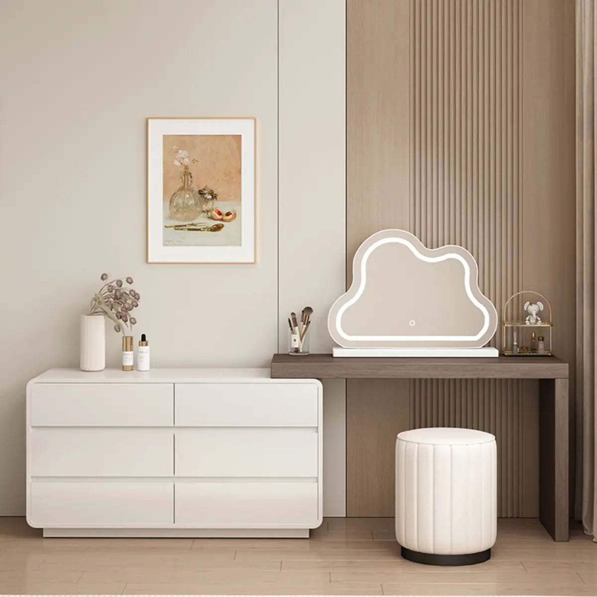 Modern Cloud-Shaped Mirror Polymer LED White Vanity — Walnut/ White