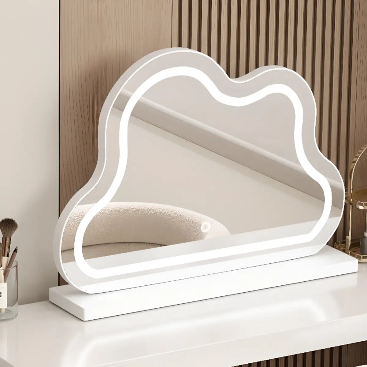 Modern Cloud-Shaped Mirror Polymer LED White Vanity — Walnut/ White