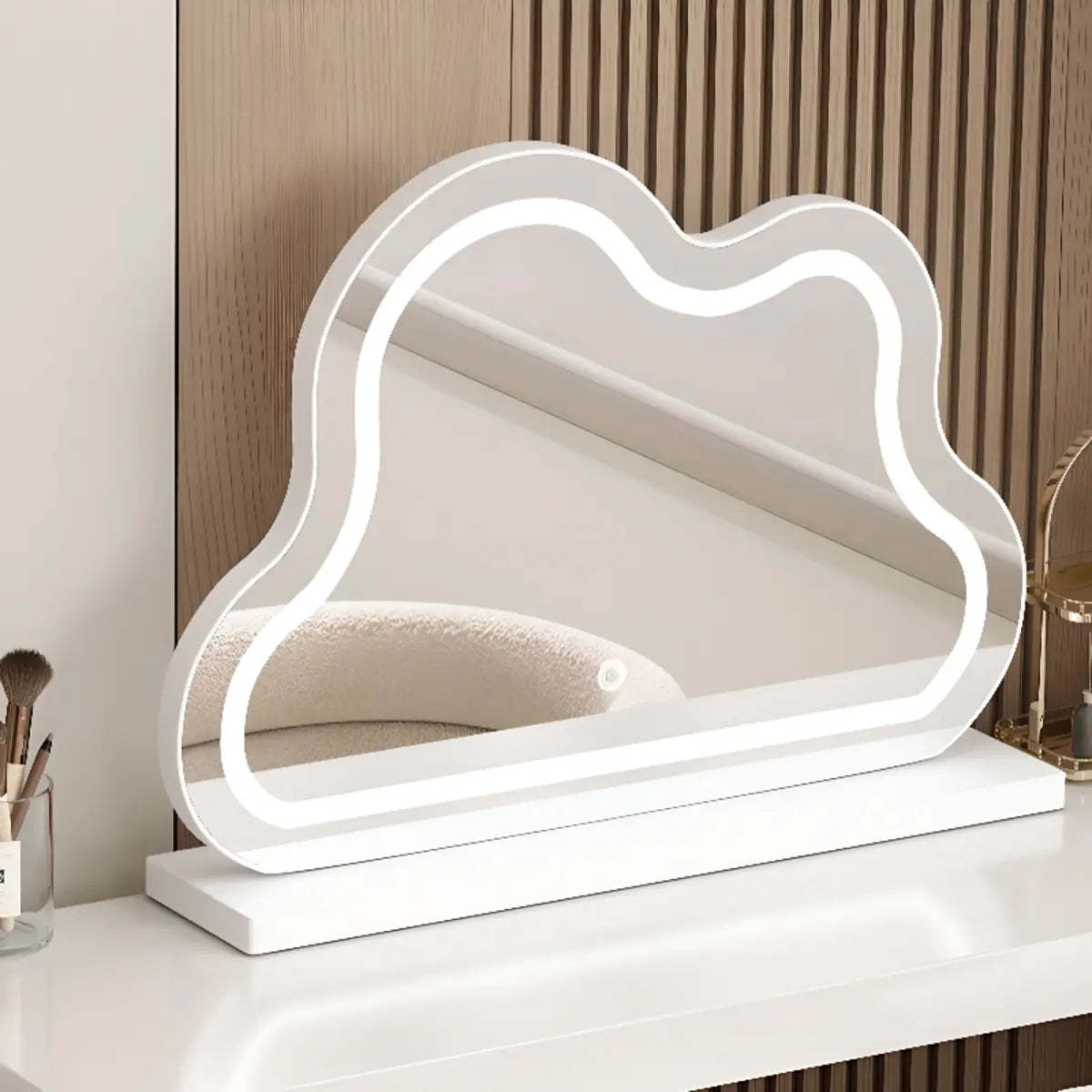 Modern Cloud-Shaped Mirror Polymer LED White Vanity — Walnut/ White