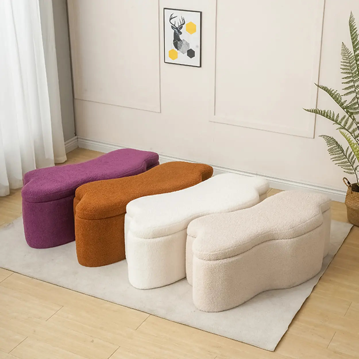 Modern Cloud Storage Ottoman Bench in Plush Fabric — Off-White