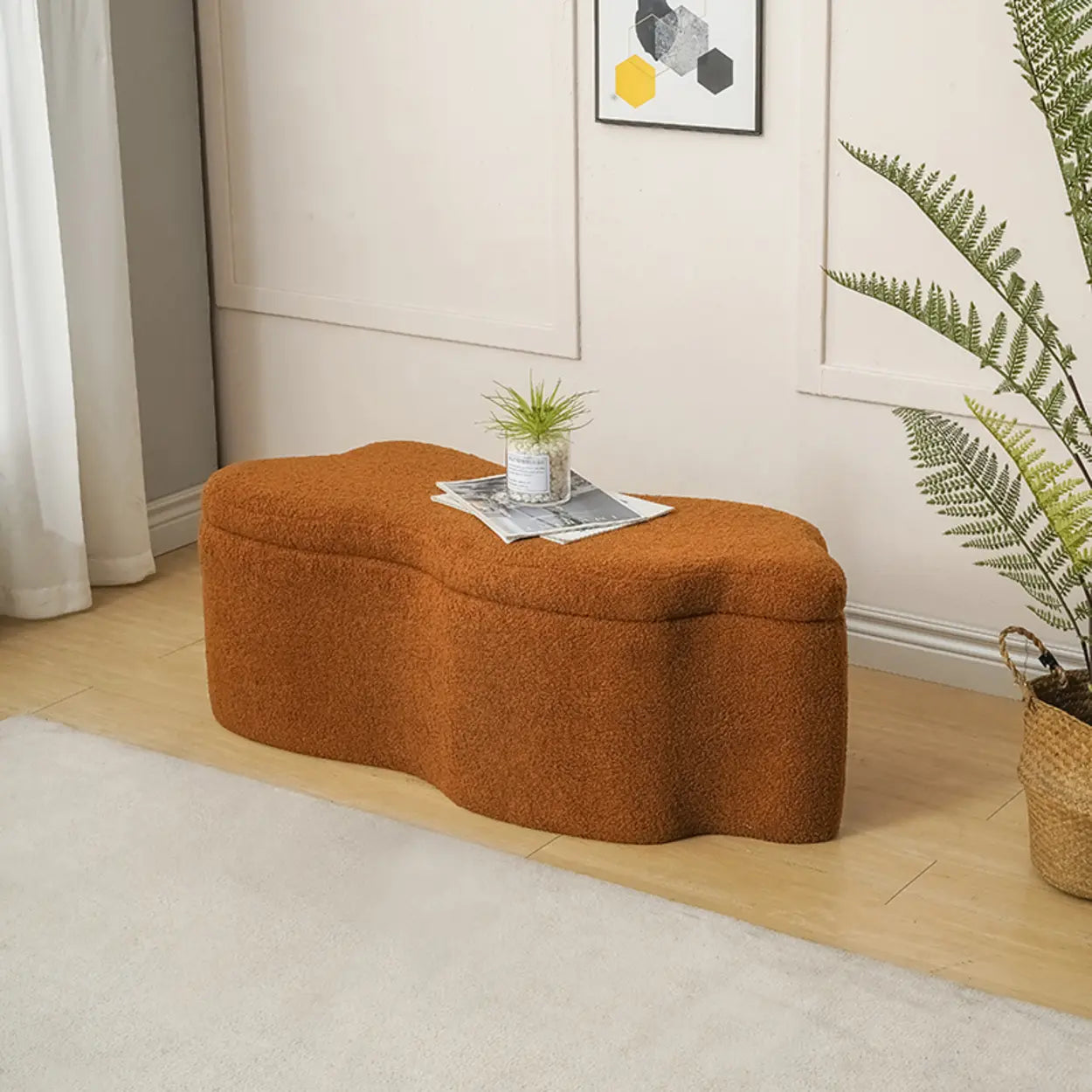 Modern Cloud Storage Ottoman Bench in Plush Fabric — Off-White