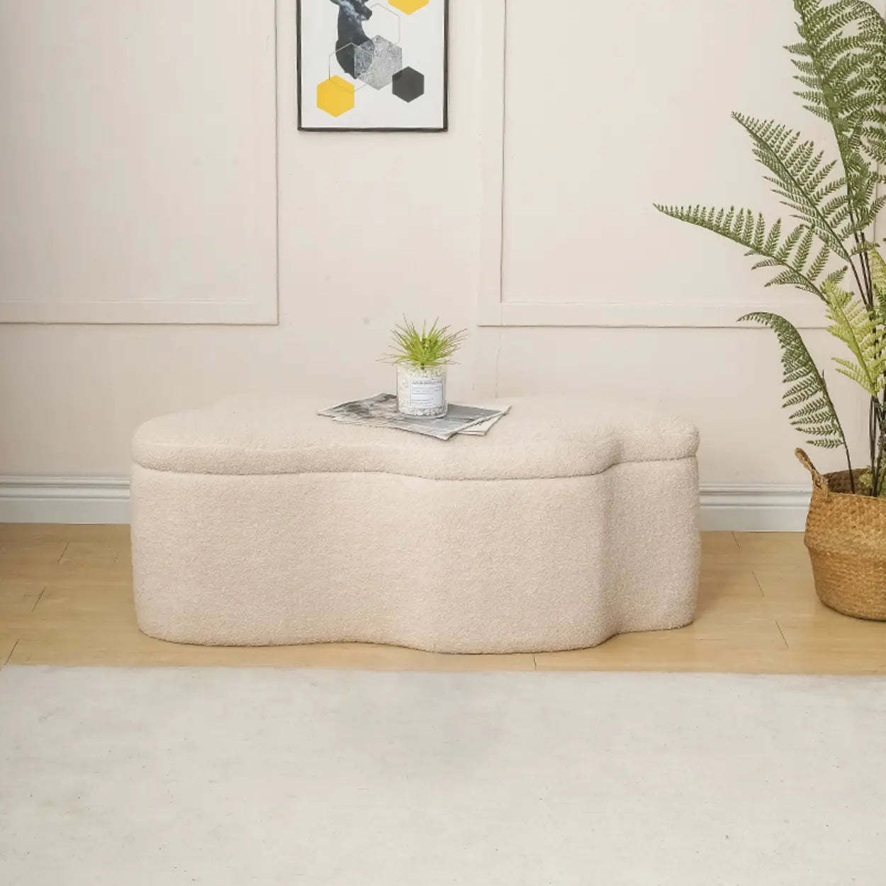 Modern Cloud Storage Ottoman Bench in Plush Fabric — Off-White