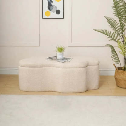 Modern Cloud Storage Ottoman Bench in Plush Fabric — Off-White