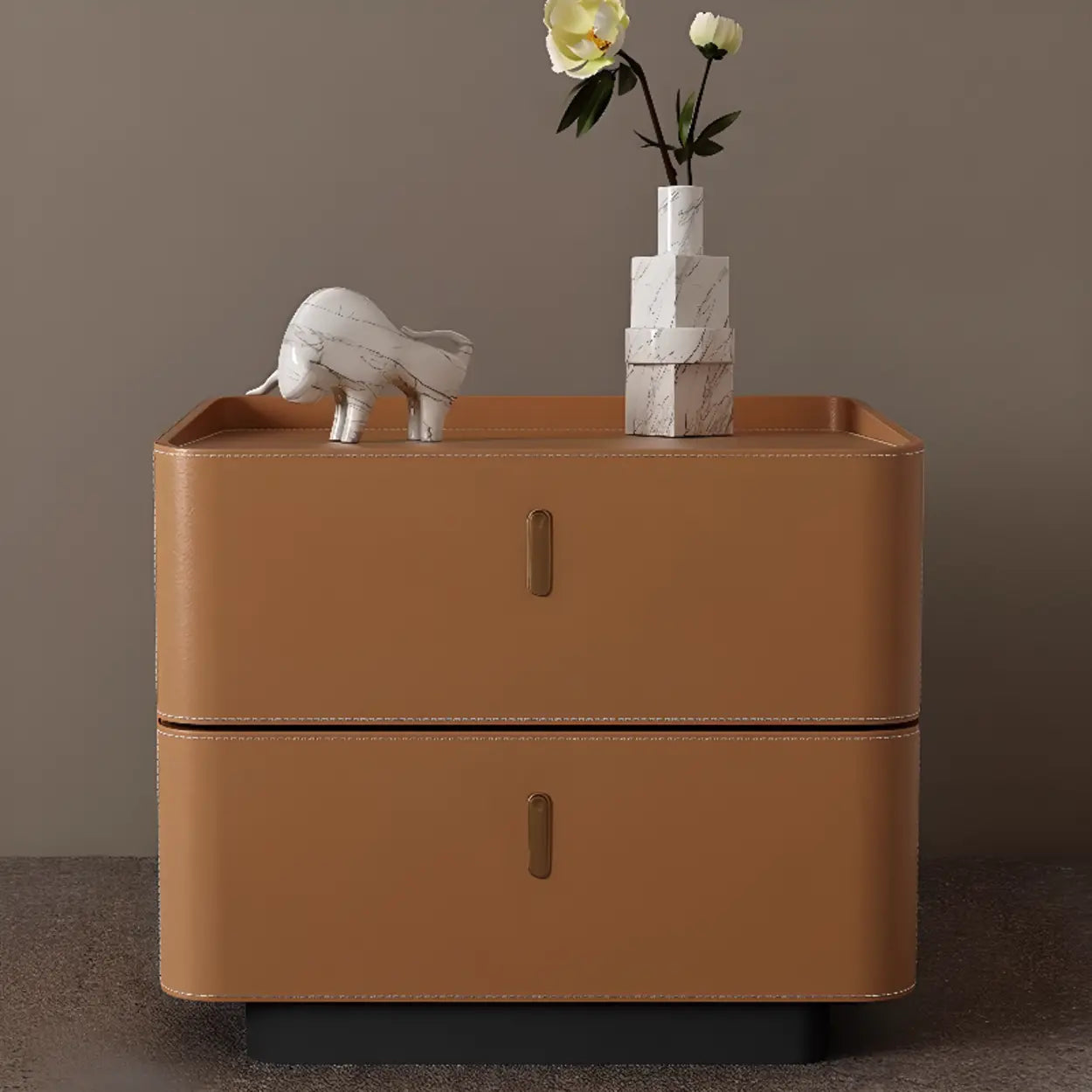Modern Coffee Leather Nightstand with Drawers