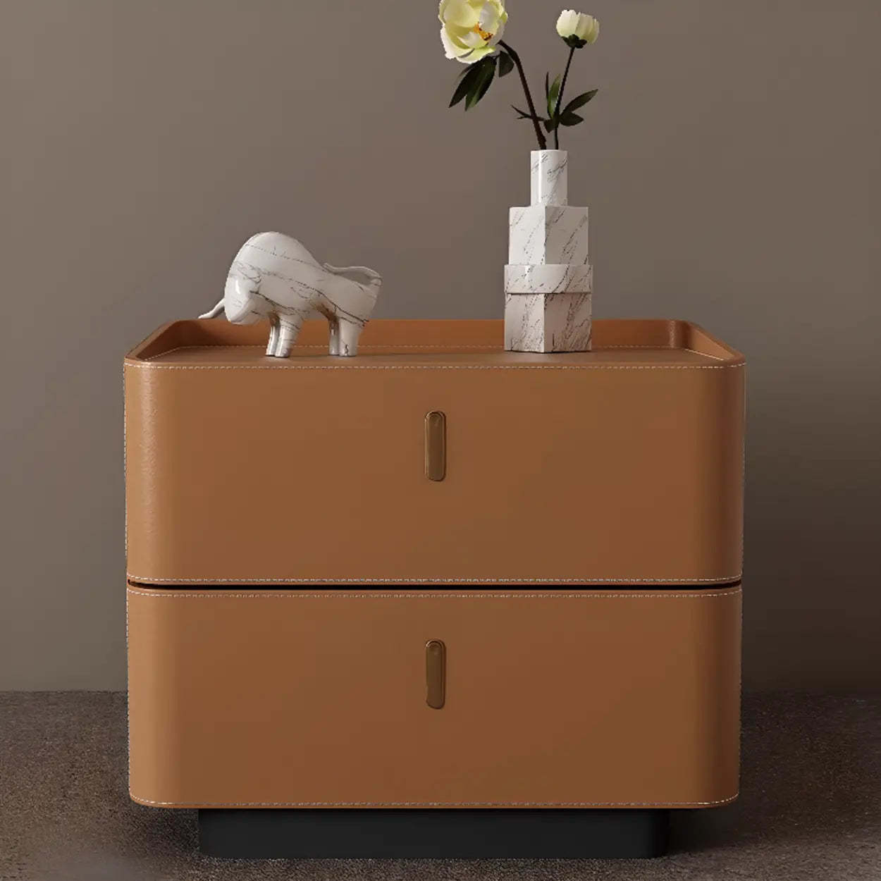 Modern Coffee Leather Nightstand with Drawers — Black
