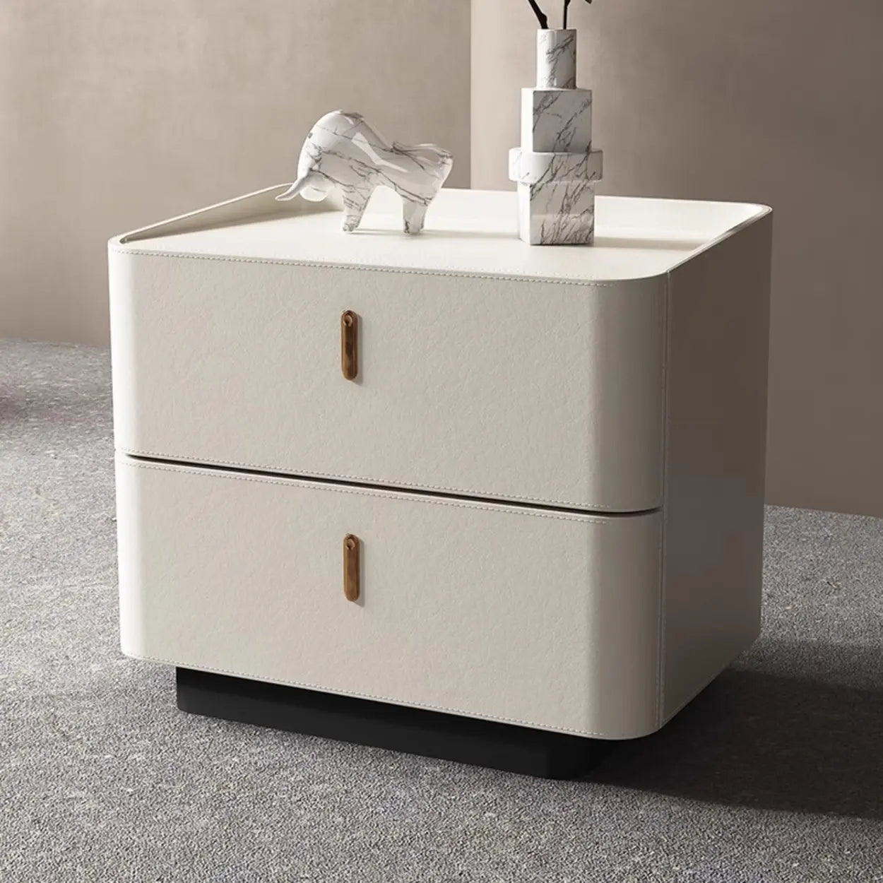 Modern Coffee Leather Nightstand with Drawers — Off-White