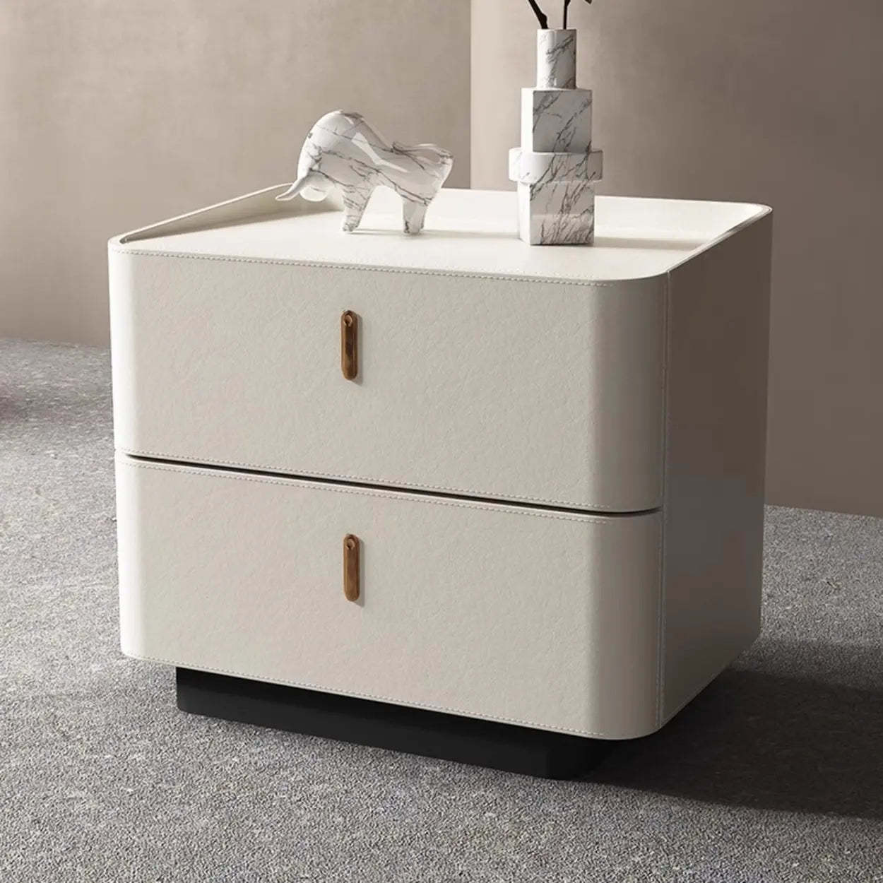 Modern Coffee Leather Nightstand with Drawers — Off-White
