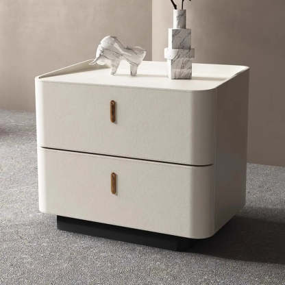 Modern Coffee Leather Nightstand with Drawers — Off-White