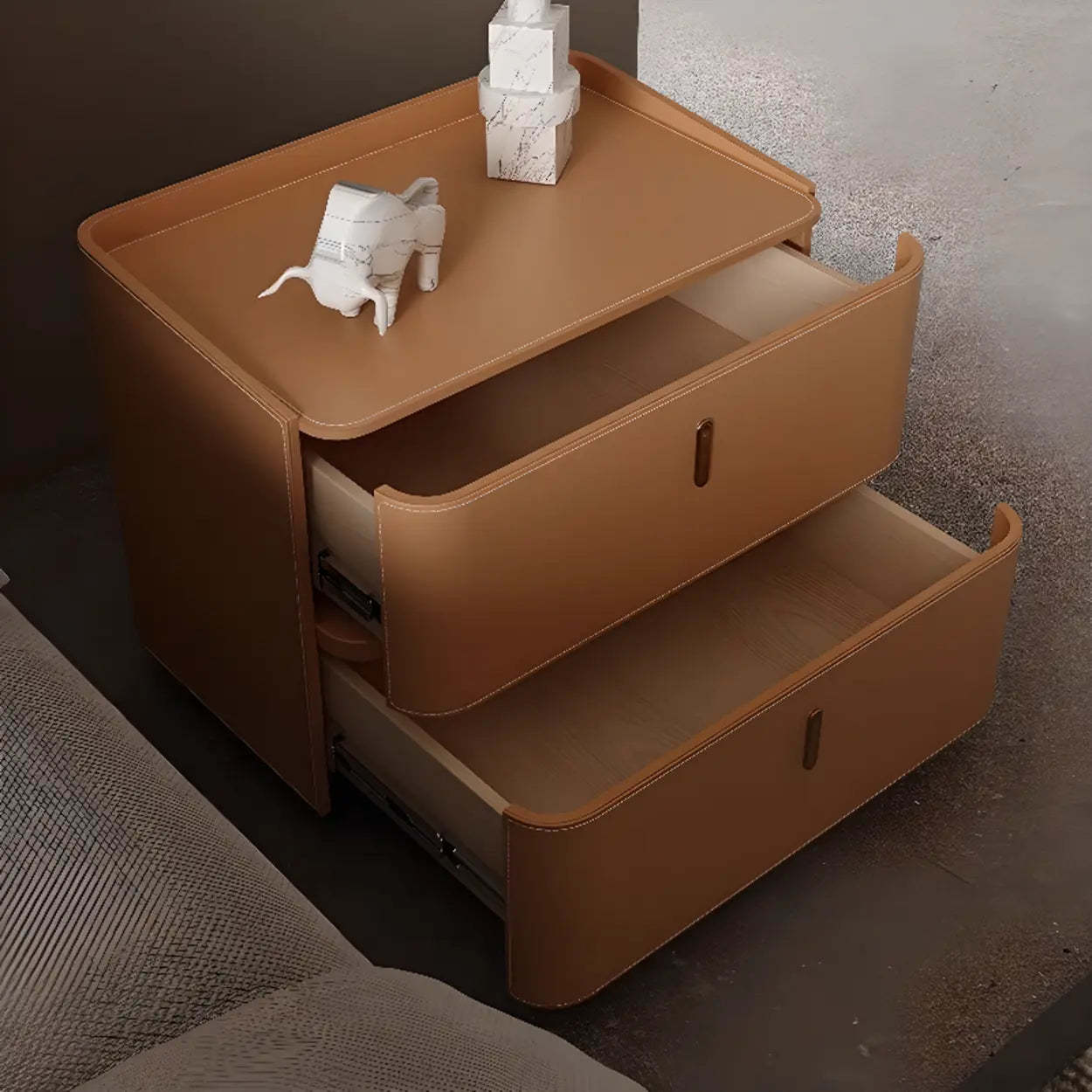 Modern Coffee Leather Nightstand with Drawers — Light Gray