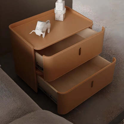 Modern Coffee Leather Nightstand with Drawers — Light Gray