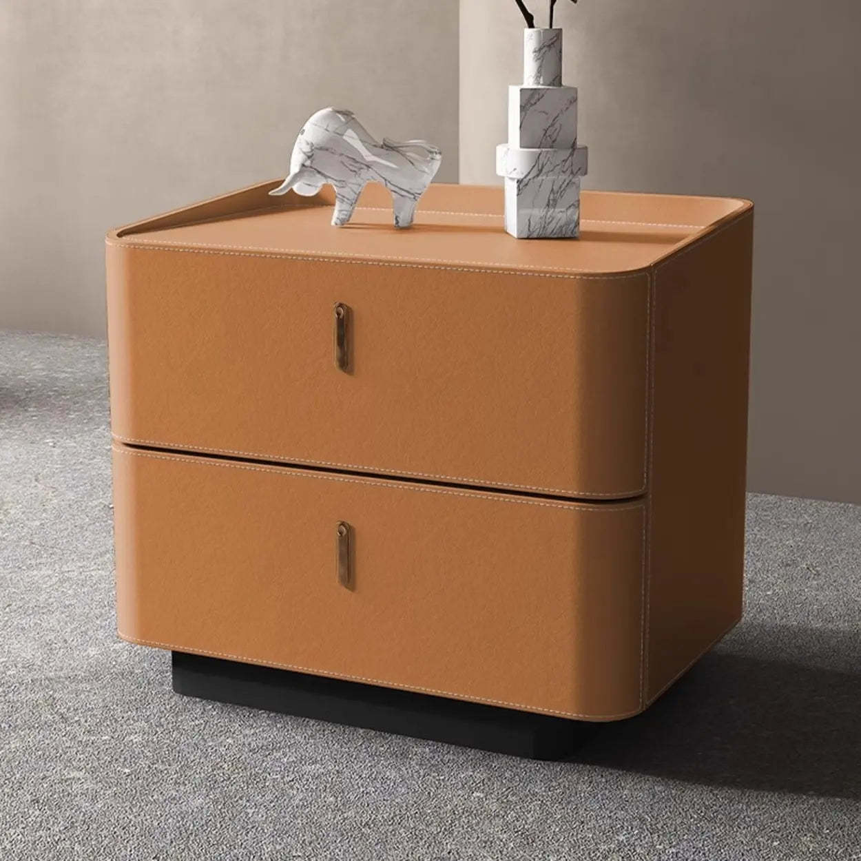 Modern Coffee Leather Nightstand with Drawers — Black