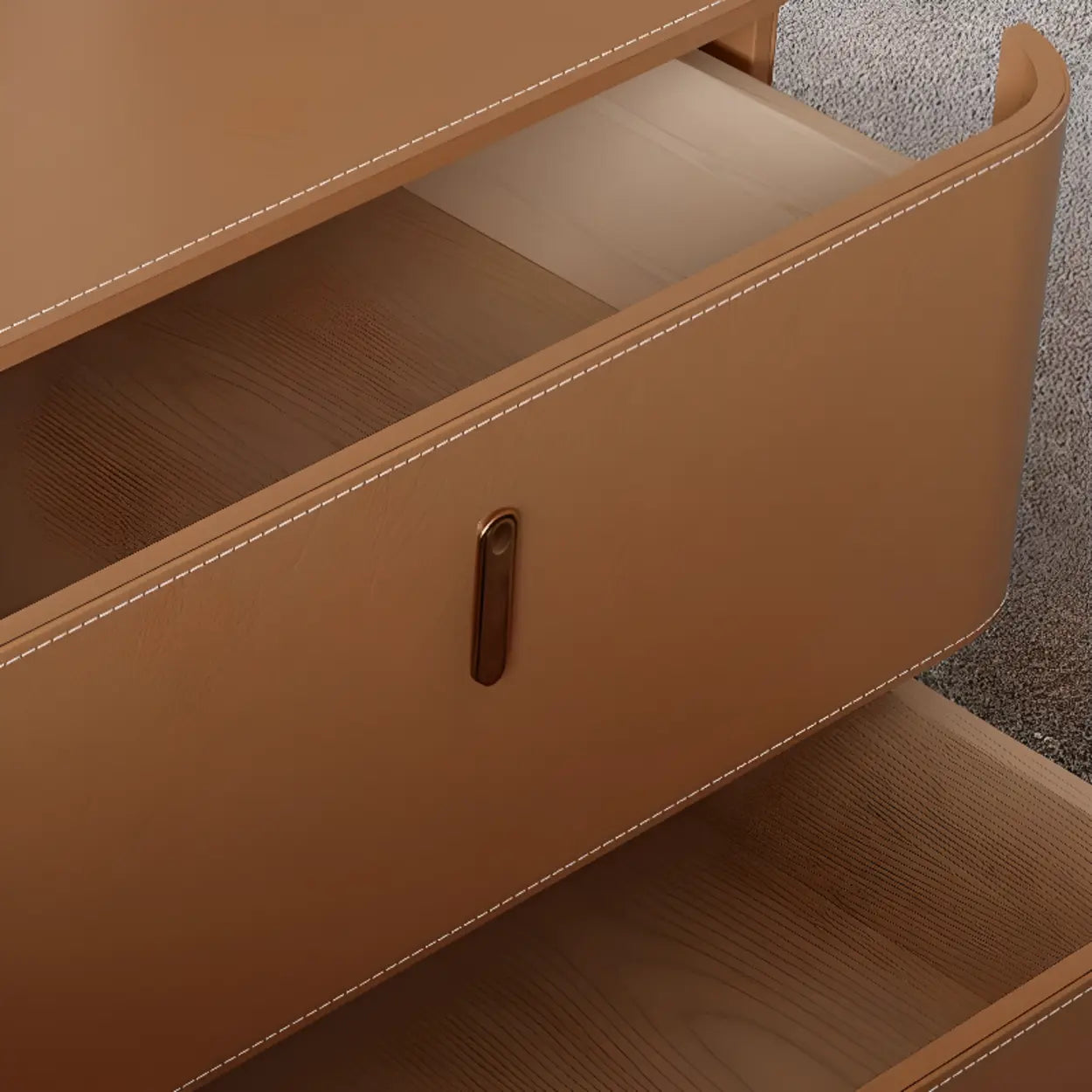 Modern Coffee Leather Nightstand with Drawers — Off-White